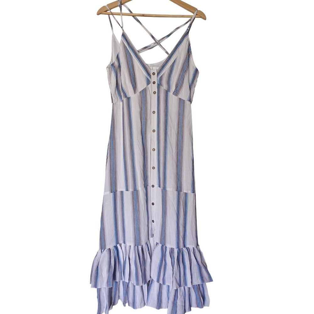 Vacate The Label Dress Standby Midi Panama Stripe Tiered Vneck White Blue M New - Picture 1 of 11
